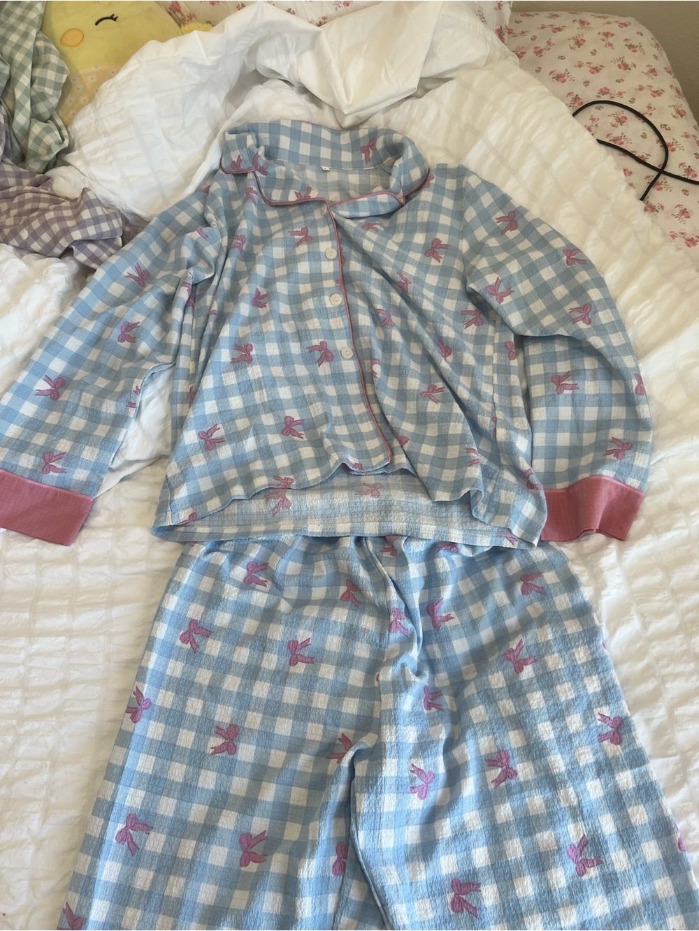 Adults  Blue Gingham Pajama Set with Pink Bow Details